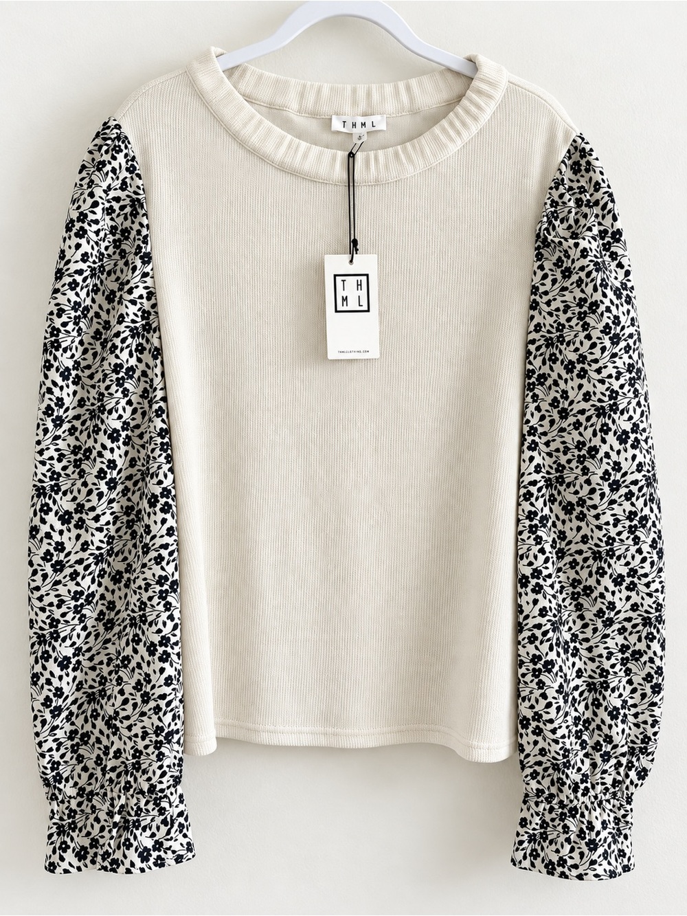 THML Cream Top with Black Floral Puff Sleeves - Feminine Knit Sweatshirt